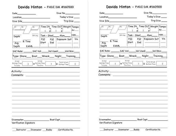 Padi dive log book pages