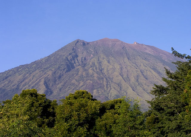 Mt. Agung Volcano viewed from room window at Tulamben Wreck Divers resort