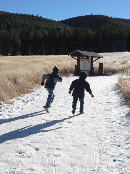 Isaac and Justin head up the trail at Meyer's Ranch park near Conifer