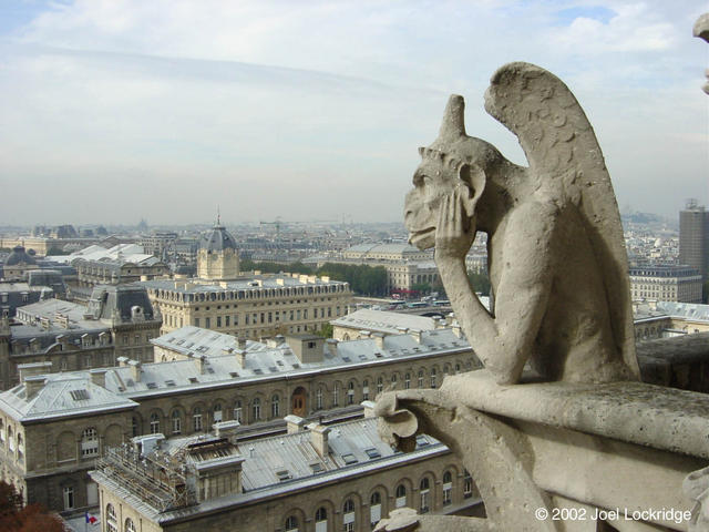 One of the famous chimeras from the gallery connecting the two facades of the Notre Dame.  (Trivia -- gargoyles are acutally the